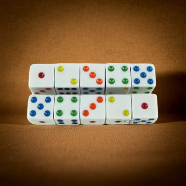 KOP18330 White Opaque Dice with Multi Color Pips D6 16mm (5/8) Set of 10 Dice (ONLINE ORDER ONLY)
