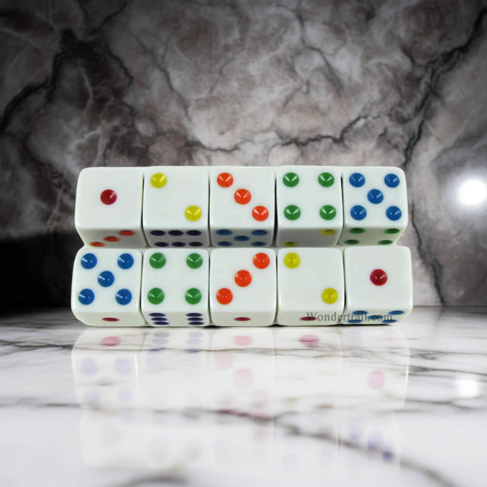 KOP18330 White Opaque Dice with Multi Color Pips D6 16mm (5/8) Set of 10 Dice (ONLINE ORDER ONLY)