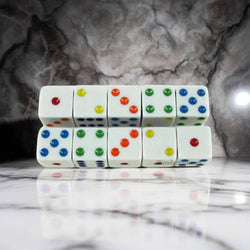 KOP18330 White Opaque Dice with Multi Color Pips D6 16mm (5/8) Set of 10 Dice (ONLINE ORDER ONLY)