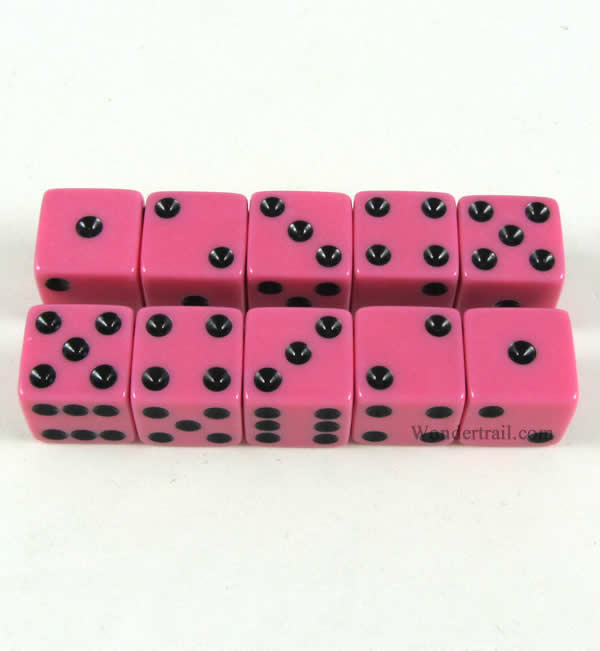 KOP18333 Pink Opaque Dice with Black Pips D6 16mm (5/8) Set of 10 (ONLINE ORDER ONLY)