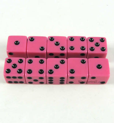 KOP18333 Pink Opaque Dice with Black Pips D6 16mm (5/8) Set of 10 (ONLINE ORDER ONLY)