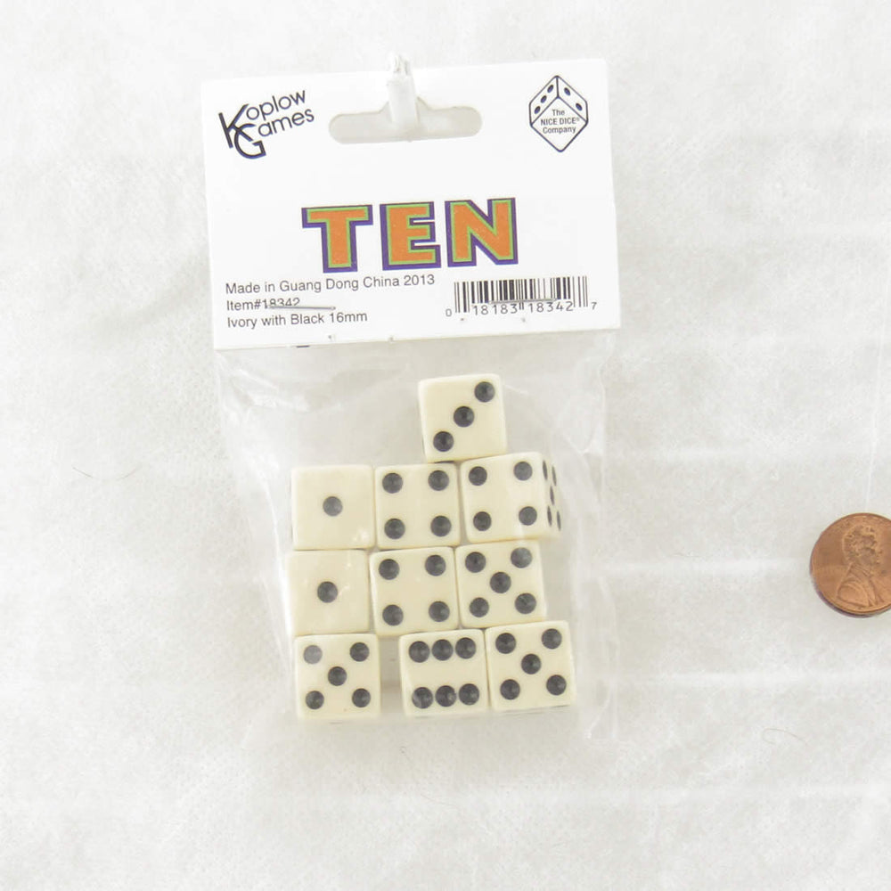 KOP18342 Ivory Opaque Dice with Black Pips D6 16mm (5/8) Set of 10 Dice (ONLINE ORDER ONLY)