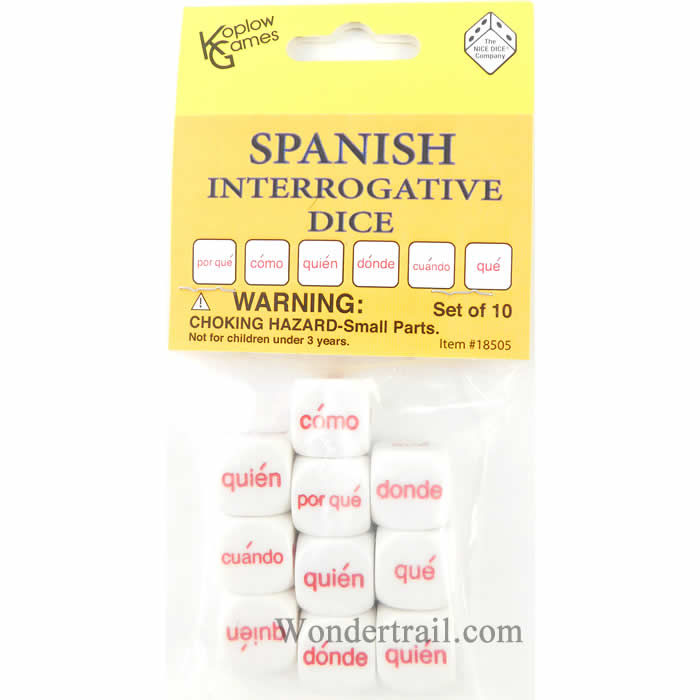 KOP18505 Spanish Interrogative White Dice Red Words D6 16mm Pack of 10 (ONLINE ORDER ONLY)