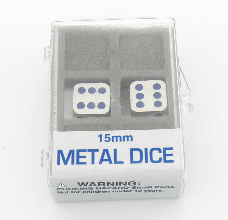 KOP18634 Metal Dice D6 Silver with Blue Pips 15mm (19/32in) Set of 2 (ONLINE ORDER ONLY)