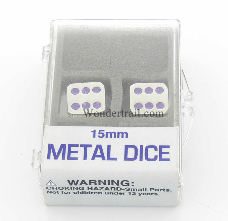 KOP18638 Metal Dice D6 Silver with Purple Pips 15mm (19/32in) Set of 2 (ONLINE ORDER ONLY)