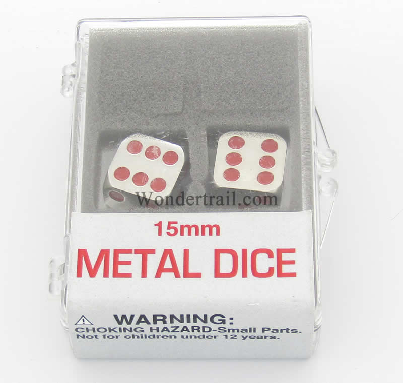 KOP18640 Metal Dice D6 Silver with Red Pips 15mm (19/32in) Set of 2 (ONLINE ORDER ONLY)