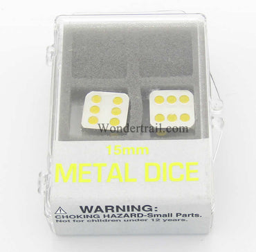 KOP18642 Metal Dice D6 Silver with Yellow Pips 15mm (19/32in) Set of 2 (ONLINE ORDER ONLY)