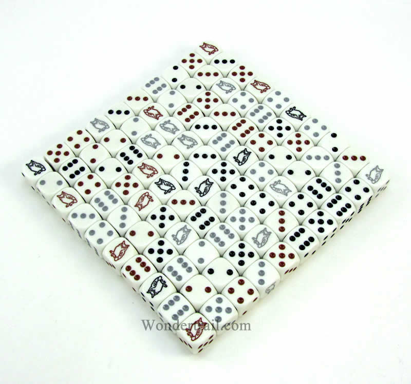 KOP18718 Owl Dice White Opaque Different Colored Pips D6 16mm Bulk Pack of 100 (ONLINE ORDER ONLY)