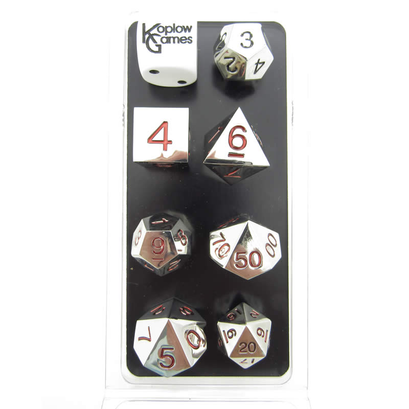 KOP18741 Metal Polyhedral Dice Silver with Red Numbers 20mm Set of 7 (ONLINE ORDER ONLY)
