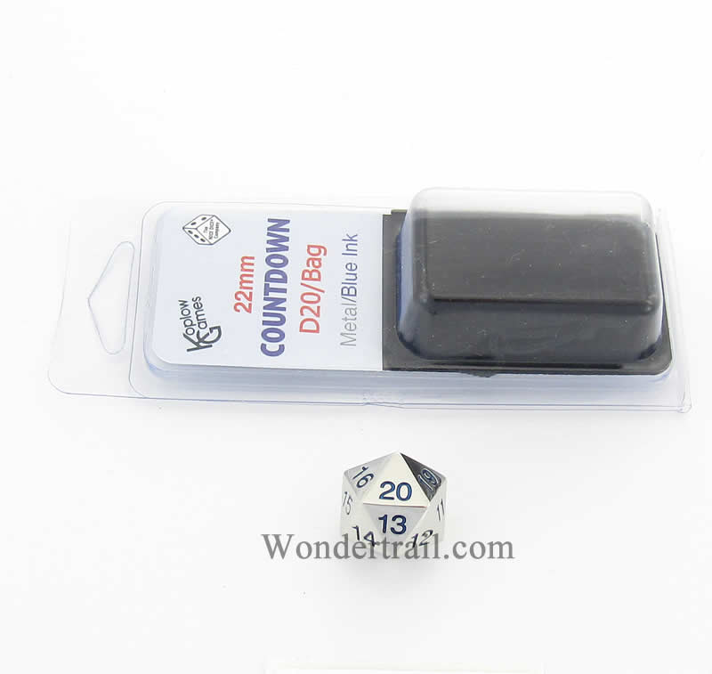 KOP18742 Metal Die Silver with Blue Numbers D20 22mm (7/8in) 1 Die (ONLINE ORDER ONLY)