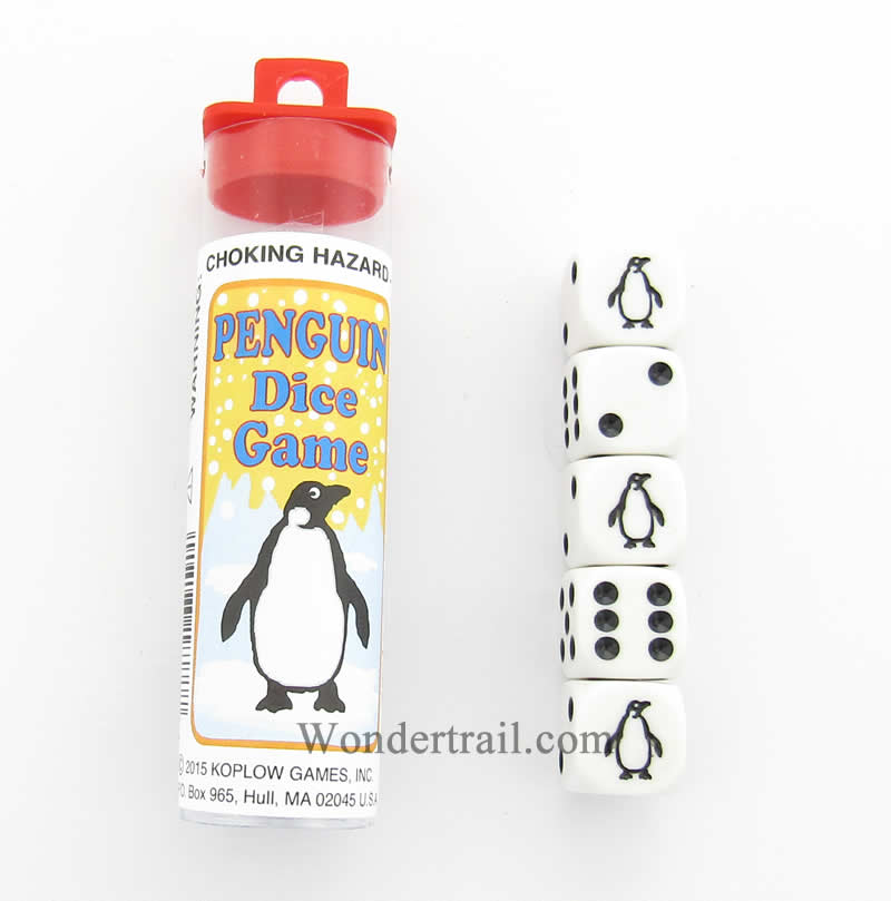 KOP18777 Penguin Dice Game White Opaque Dice with Black Pips D6 16mm (ONLINE ORDER ONLY)