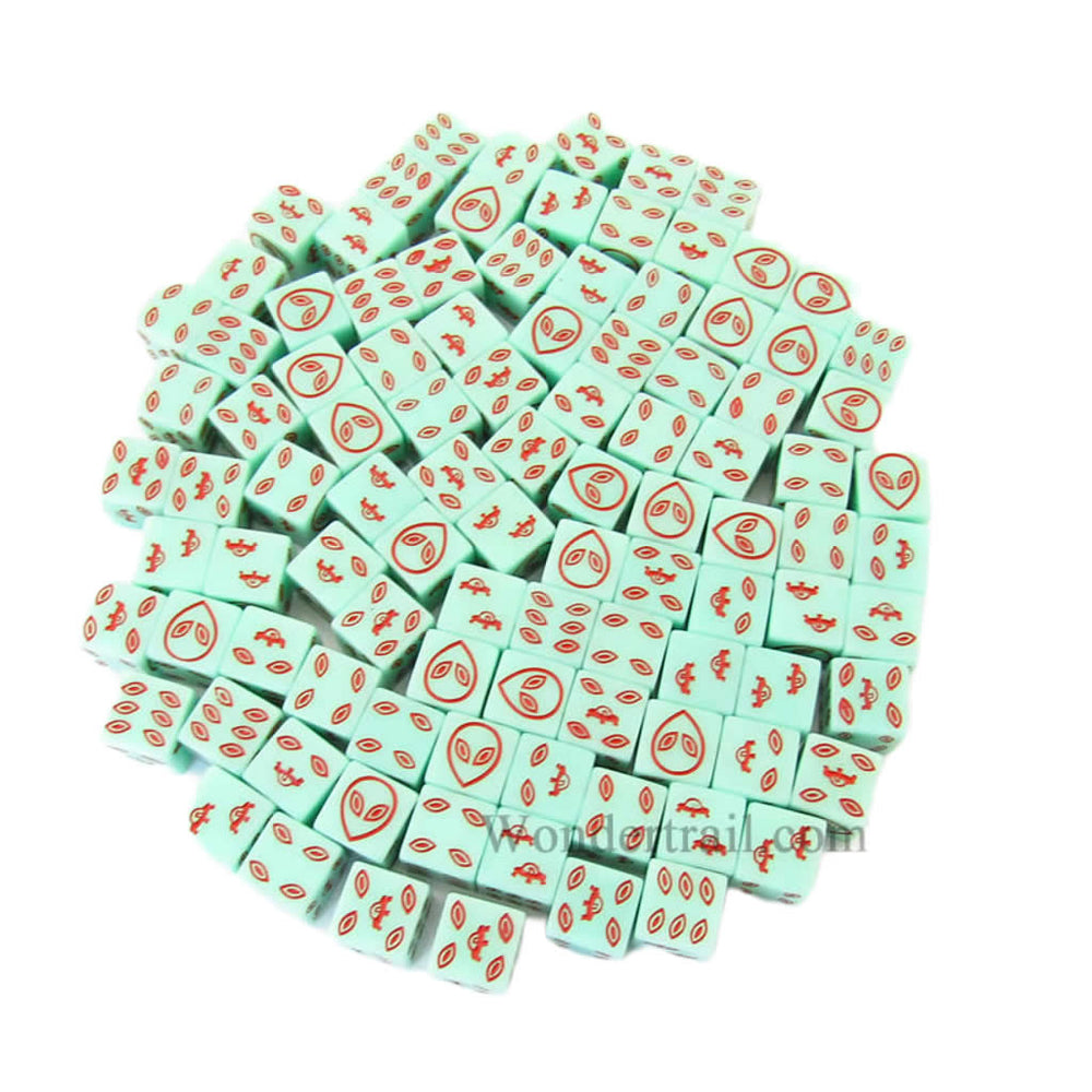 KOP18811 Green Alien Glow in the Dark Dice with Red Aliens D6 16mm (5/8in) Bulk Pack of 100 Dice (ONLINE ORDER ONLY)
