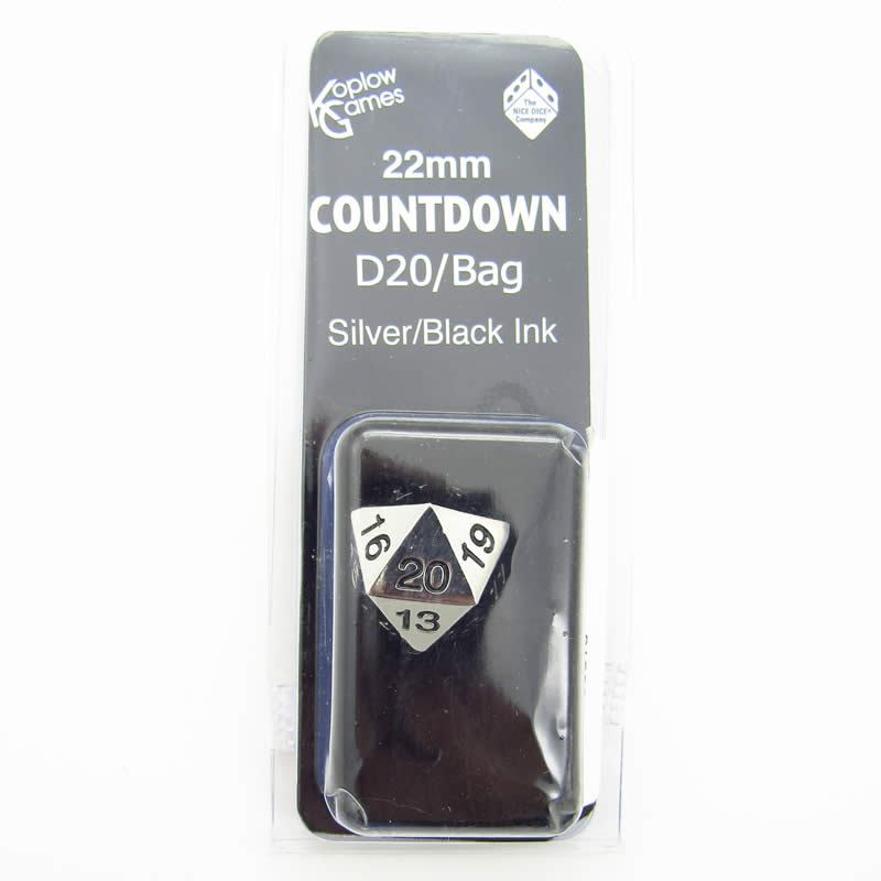 KOP18857 Metal Die Silver with Black Numbers Countdown D20 22mm 1 Die with Dice Bag (ONLINE ORDER ONLY)