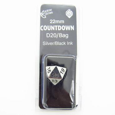 KOP18857 Metal Die Silver with Black Numbers Countdown D20 22mm 1 Die with Dice Bag (ONLINE ORDER ONLY)