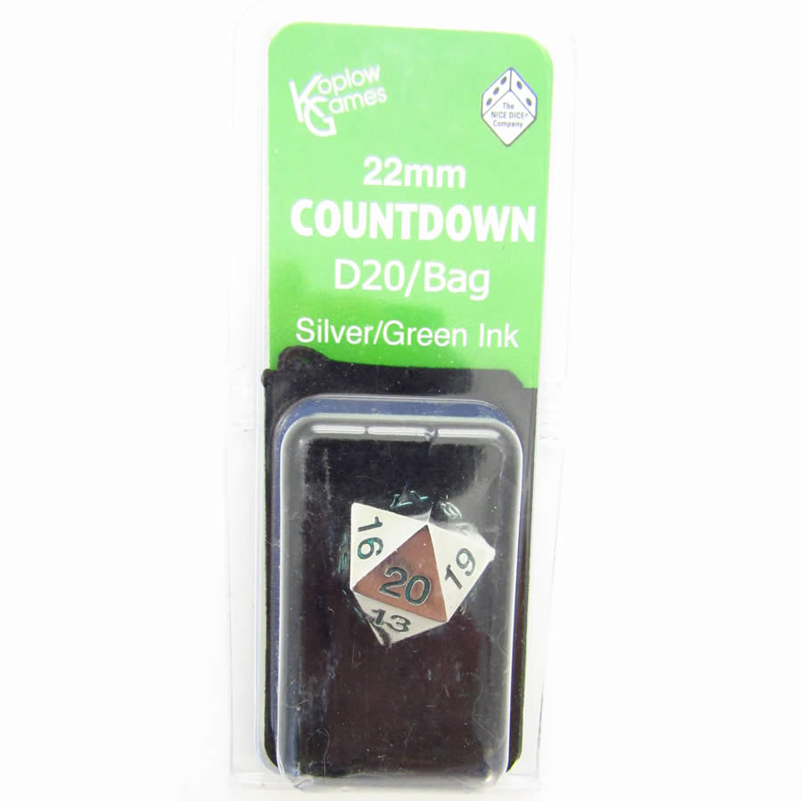 KOP18859 Metal Die Silver Colored Dice with Green Numbers Countdown D20 22mm (7/8in) 1 Die with Dice Bag (ONLINE ORDER ONLY)