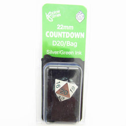 KOP18859 Metal Die Silver Colored Dice with Green Numbers Countdown D20 22mm (7/8in) 1 Die with Dice Bag (ONLINE ORDER ONLY)