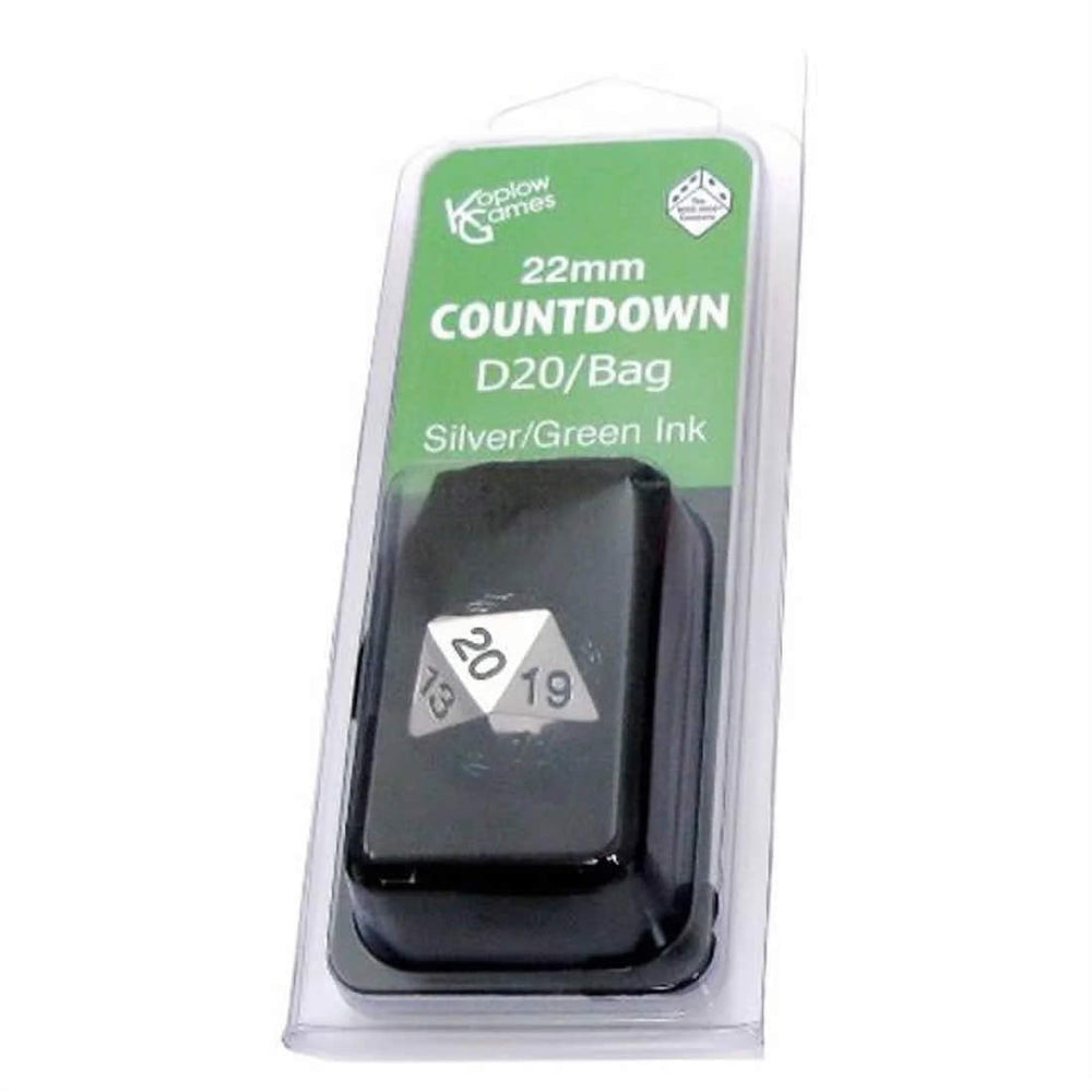 KOP18859 Metal Die Silver Colored Dice with Green Numbers Countdown D20 22mm (7/8in) 1 Die with Dice Bag (ONLINE ORDER ONLY)