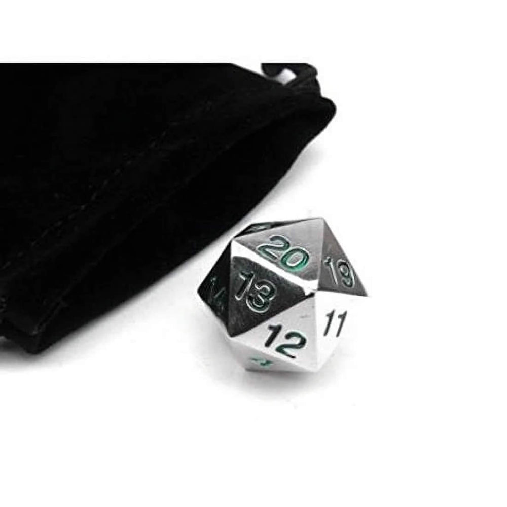 KOP18859 Metal Die Silver Colored Dice with Green Numbers Countdown D20 22mm (7/8in) 1 Die with Dice Bag (ONLINE ORDER ONLY)