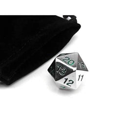 KOP18859 Metal Die Silver Colored Dice with Green Numbers Countdown D20 22mm (7/8in) 1 Die with Dice Bag (ONLINE ORDER ONLY)