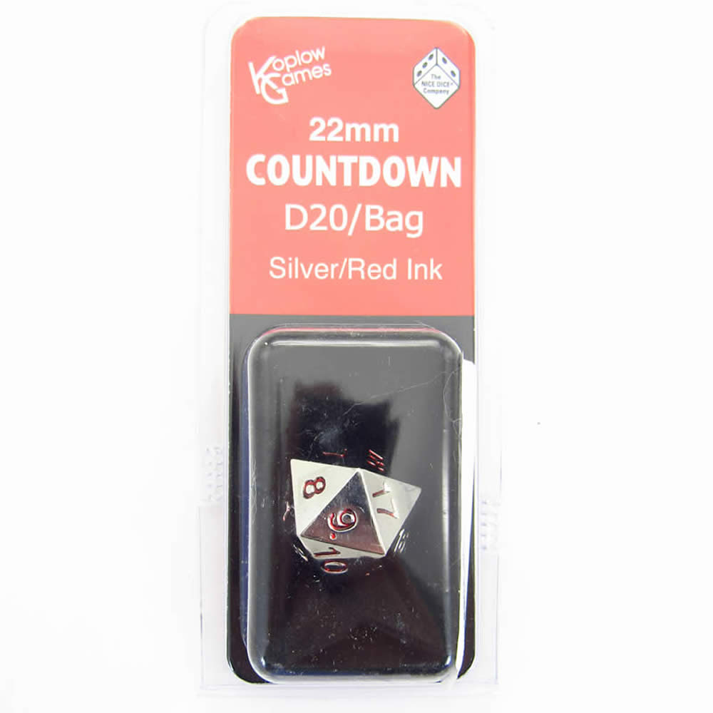 KOP18861 Metal Die Silver Colored Red Numbers Countdown D20 22mm 1 Die with Dice Bag Koplow Games (ONLINE ORDER ONLY)