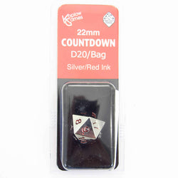 KOP18861 Metal Die Silver Colored Red Numbers Countdown D20 22mm 1 Die with Dice Bag Koplow Games (ONLINE ORDER ONLY)