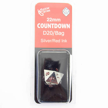 KOP18861 Metal Die Silver Colored Red Numbers Countdown D20 22mm 1 Die with Dice Bag Koplow Games (ONLINE ORDER ONLY)