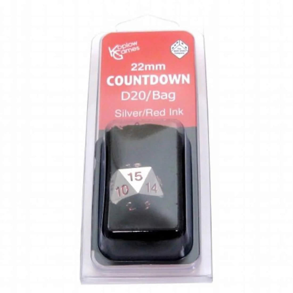 KOP18861 Metal Die Silver Colored Red Numbers Countdown D20 22mm 1 Die with Dice Bag Koplow Games (ONLINE ORDER ONLY)