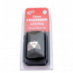 KOP18861 Metal Die Silver Colored Red Numbers Countdown D20 22mm 1 Die with Dice Bag Koplow Games (ONLINE ORDER ONLY)