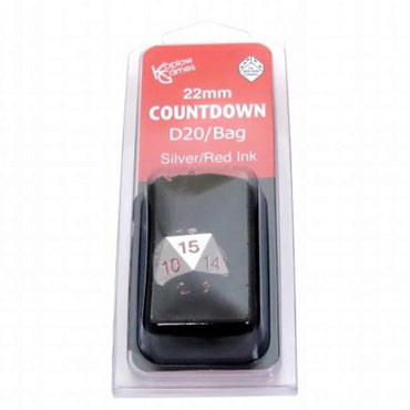 KOP18861 Metal Die Silver Colored Red Numbers Countdown D20 22mm 1 Die with Dice Bag Koplow Games (ONLINE ORDER ONLY)