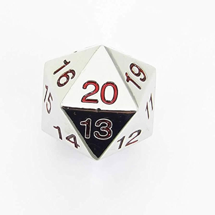 KOP18861 Metal Die Silver Colored Red Numbers Countdown D20 22mm 1 Die with Dice Bag Koplow Games (ONLINE ORDER ONLY)