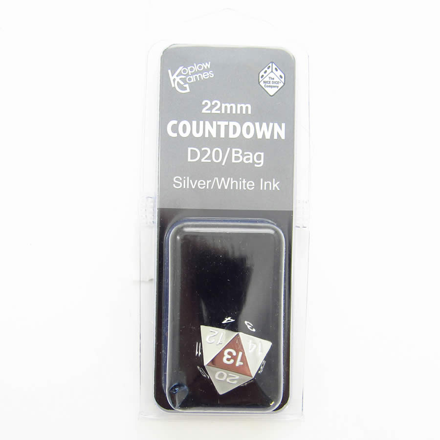 KOP18863 Metal Die Silver Colored White Numbers D20 22mm (7/8in) 1 Die (ONLINE ORDER ONLY)