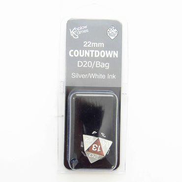KOP18863 Metal Die Silver Colored White Numbers D20 22mm (7/8in) 1 Die (ONLINE ORDER ONLY)