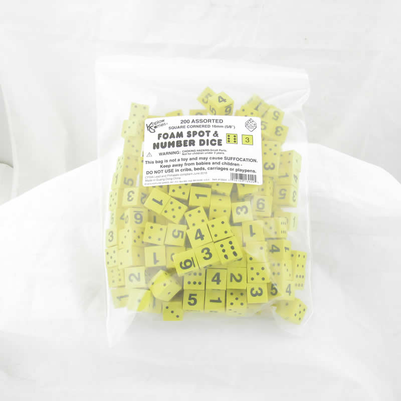 KOP18924 Yellow Math Foam Dice Spots and Numbers D6 16mm (5/8in) Pack of 200 (ONLINE ORDER ONLY)