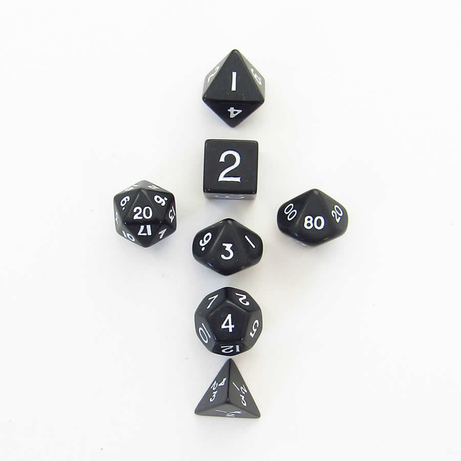 KOP18982 Black Opaque Mini Dice With White Numbers 10mm (3/8in) Set of 7 (ONLINE ORDER ONLY)