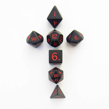 KOP18983 Black Opaque Mini Dice With Red Numbers 10mm (3/8in) Set of 7 (ONLINE ORDER ONLY)