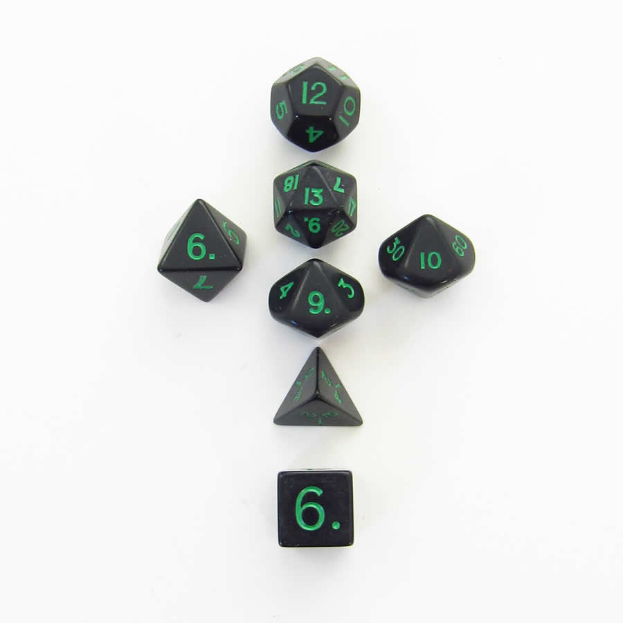 KOP18984 Black Opaque Mini Dice With Green Numbers 10mm (3/8in) Set of 7 (ONLINE ORDER ONLY)