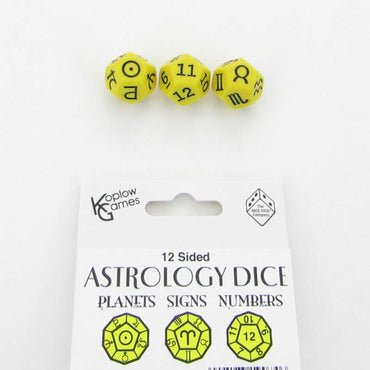 KOP19074 Yellow Astrology Dice Planets and Signs and Numbers Pack of 3 (ONLINE ORDER ONLY)