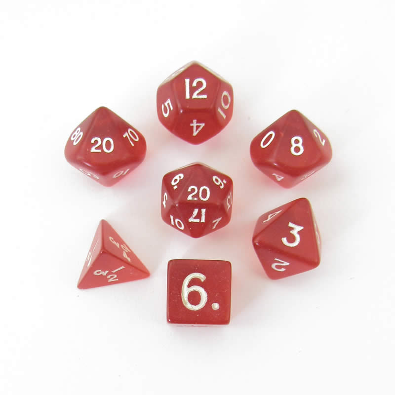 KOP19185 Red Transparent Mini Dice With White Numbers 10mm (3/8in) Set of 7 (ONLINE ORDER ONLY)