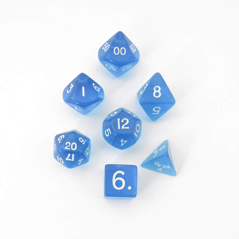 KOP19186 Blue Transparent Mini Dice With White Numbers 10mm (3/8in) Set of 7 (ONLINE ORDER ONLY)