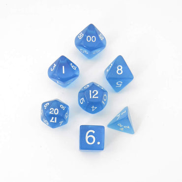KOP19186 Blue Transparent Mini Dice With White Numbers 10mm (3/8in) Set of 7 (ONLINE ORDER ONLY)
