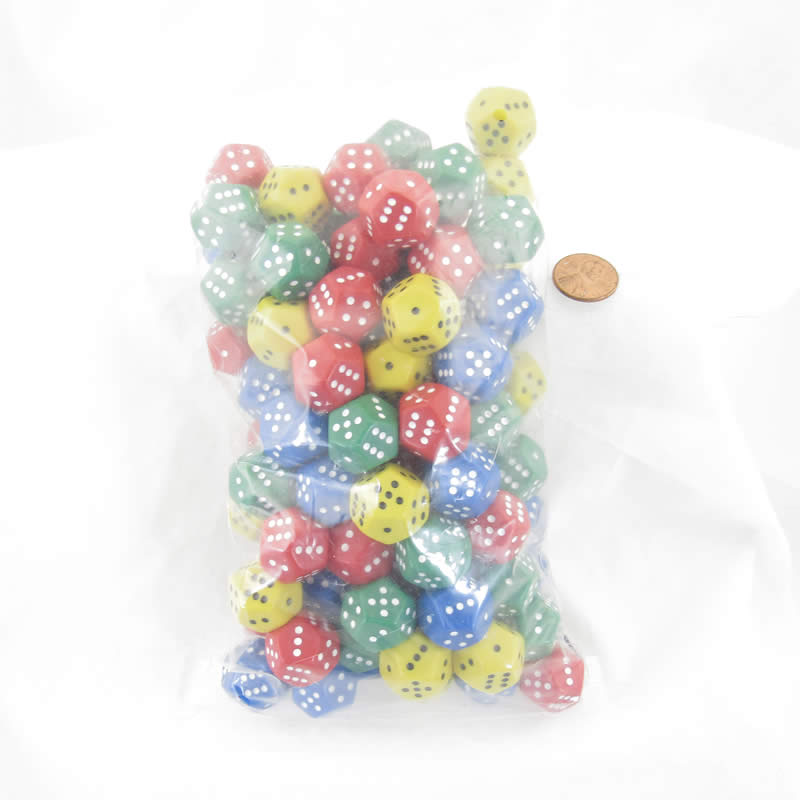 KOP19240 Assorted Color Dice with Pips 1-6 Twice D12 16mm (5/8in) Pack of 100 Dice (ONLINE ORDER ONLY)