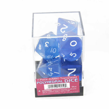 KOP19250 Blue Jumbo Transparent Dice with White Numbers 24mm (15/16in) Set of 7 Koplow Games (ONLINE ORDER ONLY)