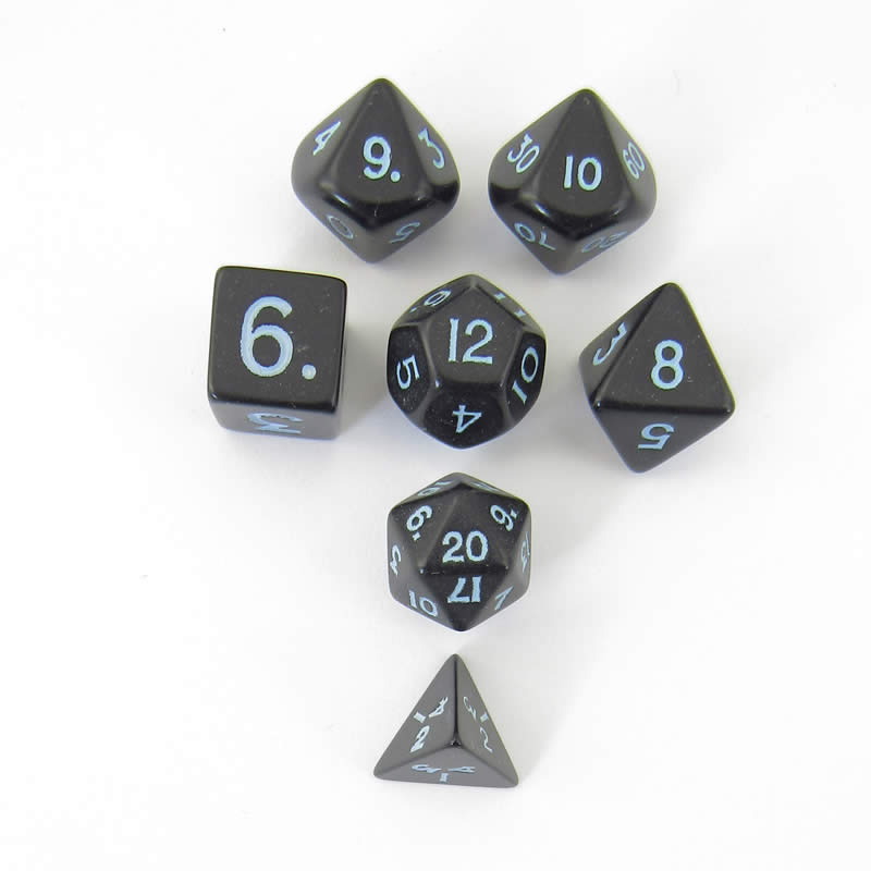 KOP19309 Black Mini Dice With Blue Numbers 10mm (3/8in) Set of 7 Koplow (ONLINE ORDER ONLY)