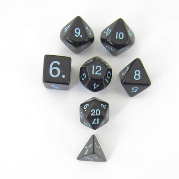 KOP19309 Black Mini Dice With Blue Numbers 10mm (3/8in) Set of 7 Koplow (ONLINE ORDER ONLY)