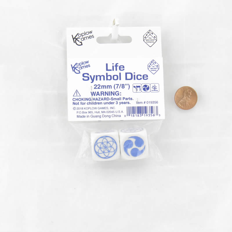 KOP19356 White Opaque Dice with Blue Life Symbols D6 22mm (7/8 inch) Set of 2 (ONLINE ORDER ONLY)