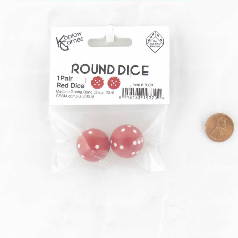 KOP19370 Red Round Dice with White Pips D6 22mm (7/8in) Pack of 2 (ONLINE ORDER ONLY)