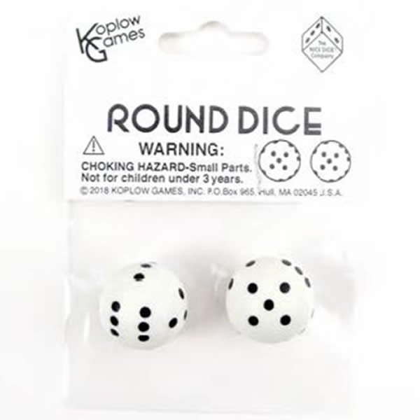 KOP19371 White Round Dice with Black Pips D6 22mm (7/8in) Pack of 2 (ONLINE ORDER ONLY)