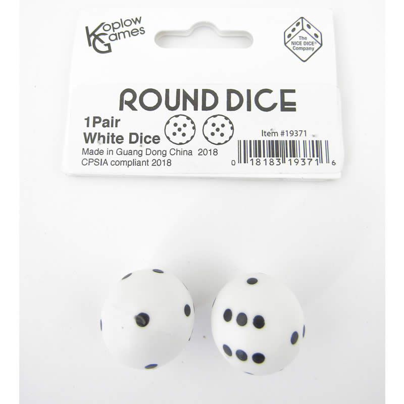 KOP19371 White Round Dice with Black Pips D6 22mm (7/8in) Pack of 2 (ONLINE ORDER ONLY)
