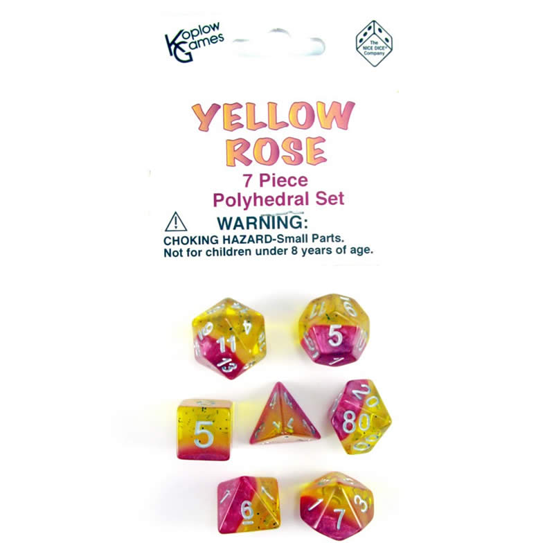 KOP19414 Yellow Rose Layered Dice Silver Colored Numbers 16mm Set of 7 (ONLINE ORDER ONLY)
