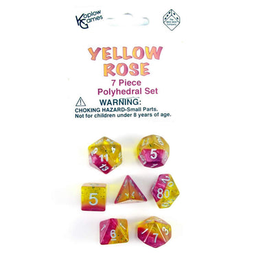 KOP19414 Yellow Rose Layered Dice Silver Colored Numbers 16mm Set of 7 (ONLINE ORDER ONLY)